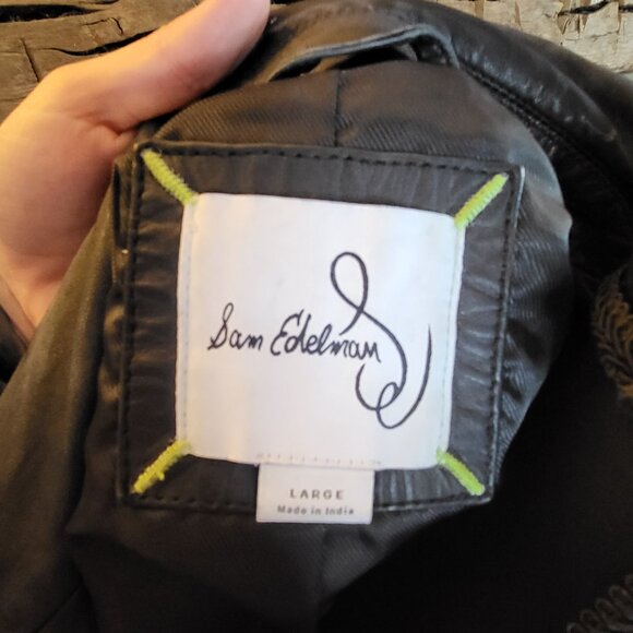 Sam Edelman Moto Biker Zip Cuff Black Jacket Leather Texture Womens Large - Picture 15 of 16